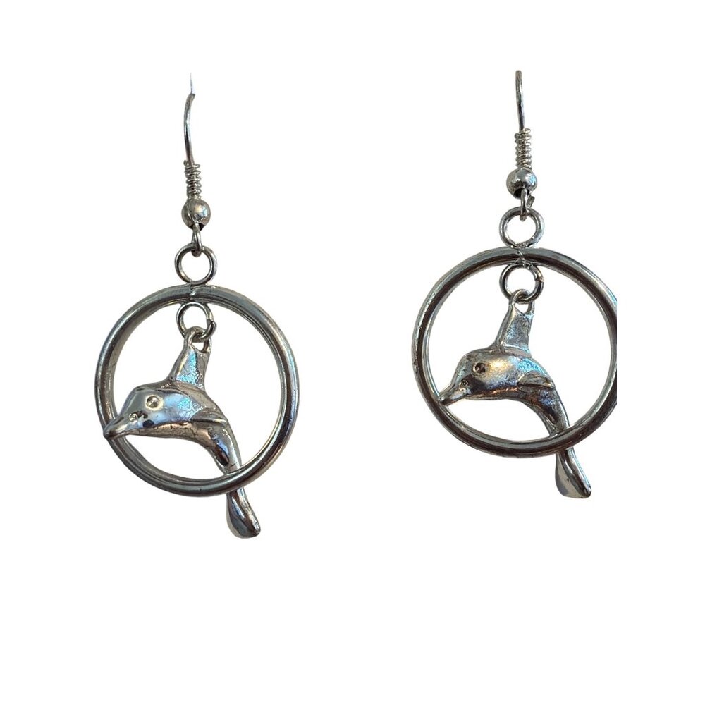 Silver Tone Dolphin Dangle Earrings Circular Hoop Hooks 1.75"  Vacation 8.25g